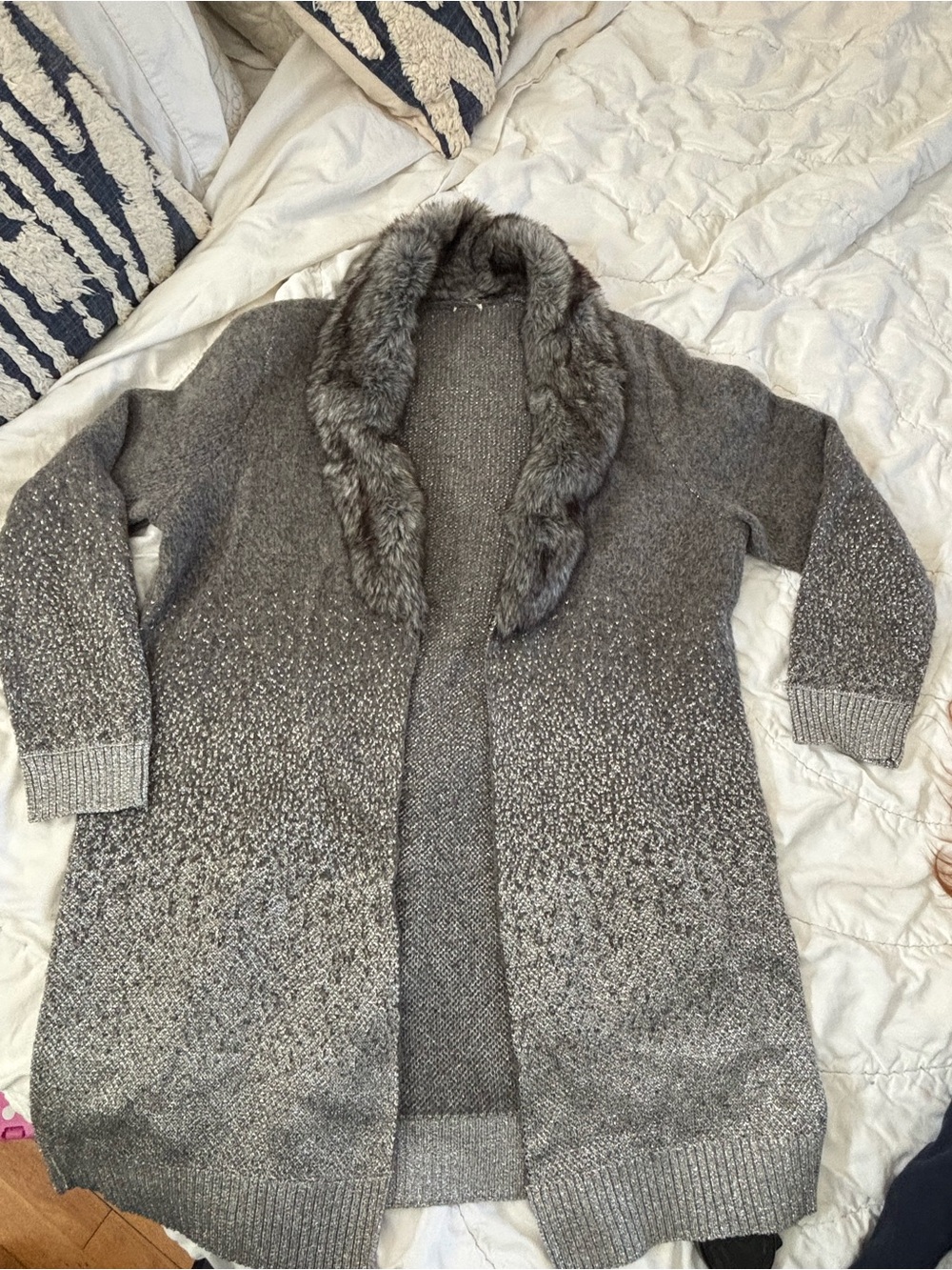 Chicos Charcoal Gray Metallic Faux Fur Collar Duster Cardigan Sweater Knit